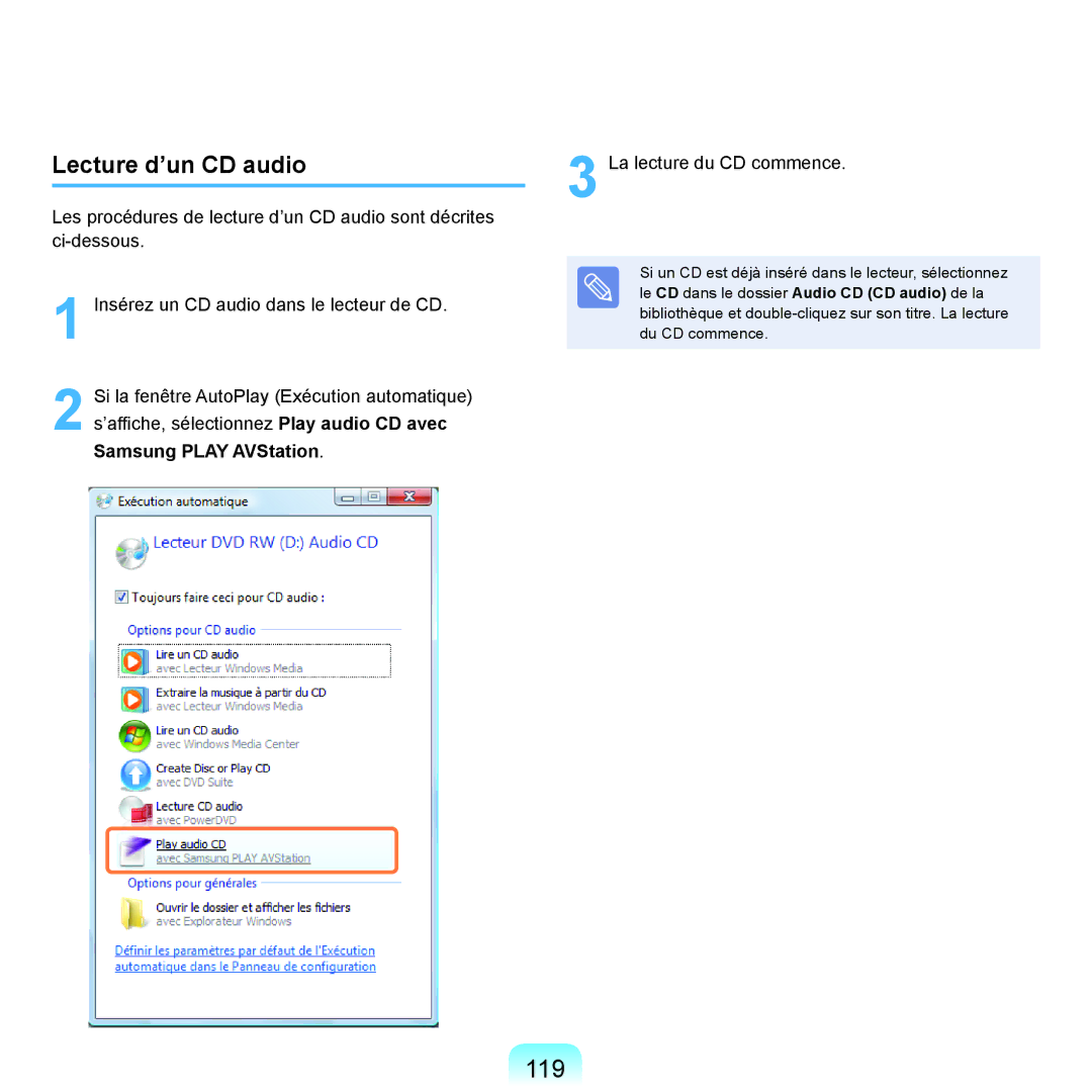 Samsung NP-R70A007/SEF, NP-R70A001/SEF, NP-R70A000/SEF, NP-R70A005/SEF, NP-R70A004/SEF manual 119, Lecture d’un CD audio 