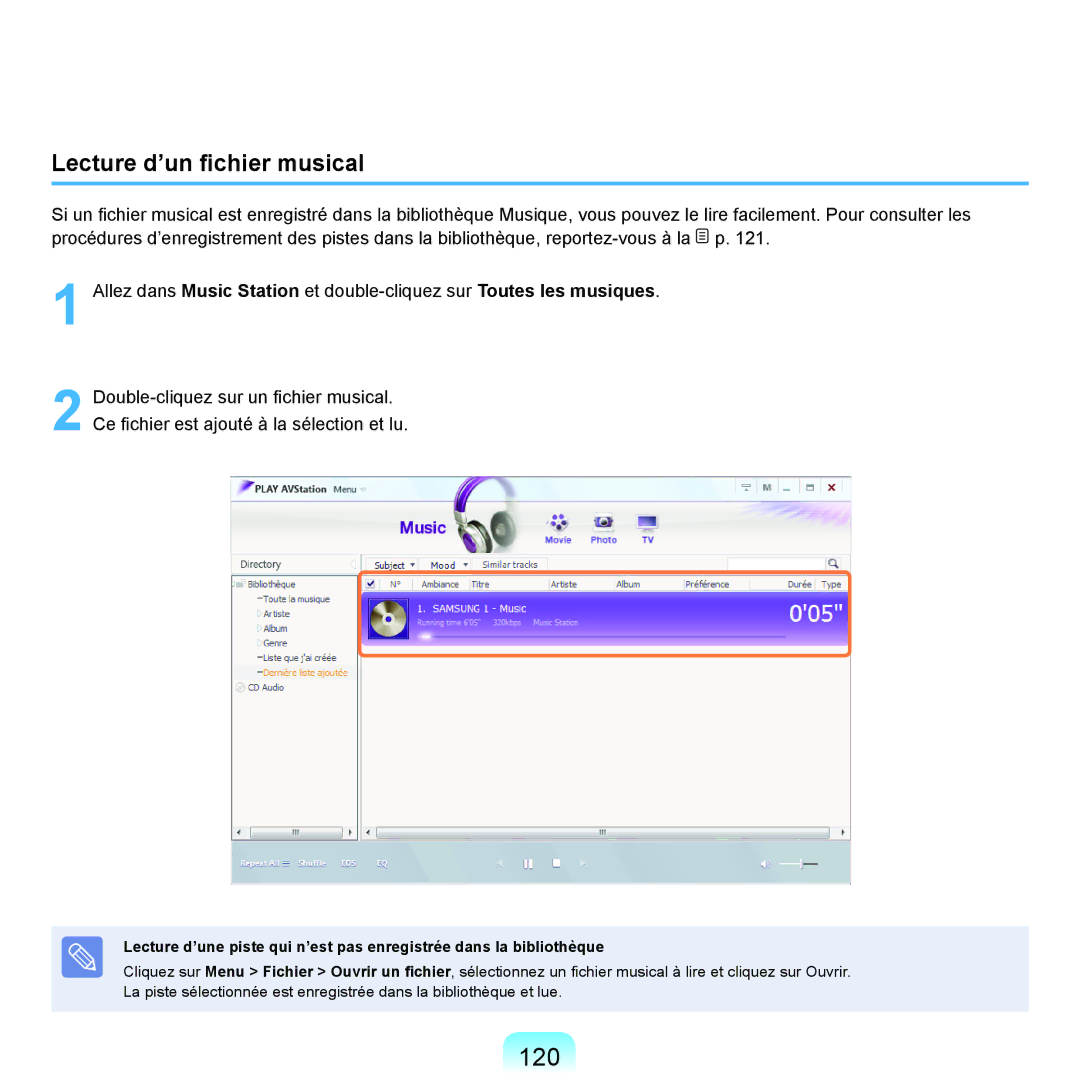 Samsung NP-R70A001/SEF, NP-R70A007/SEF, NP-R70A000/SEF, NP-R70A005/SEF, NP-R70A004/SEF manual 120, Lecture d’un fichier musical 