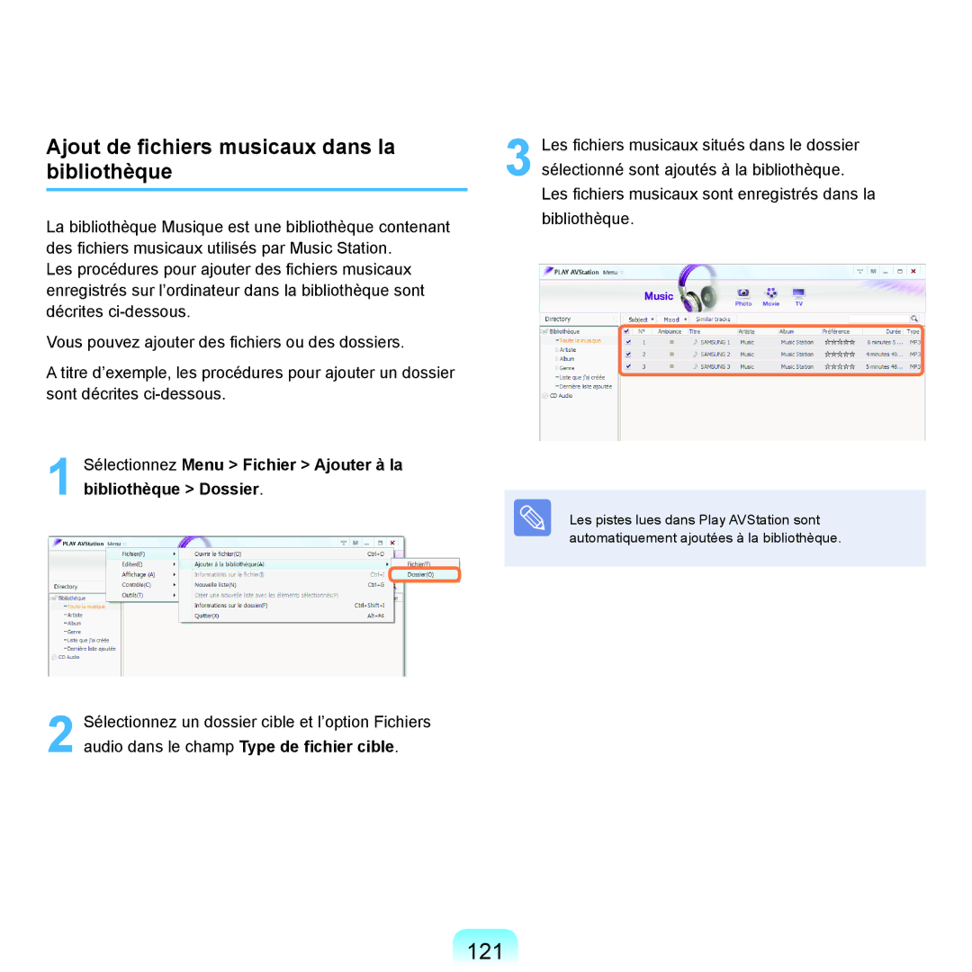 Samsung NP-R70A000/SEF, NP-R70A007/SEF, NP-R70A001/SEF, NP-R70A005/SEF 121, Ajout de fichiers musicaux dans la bibliothèque 