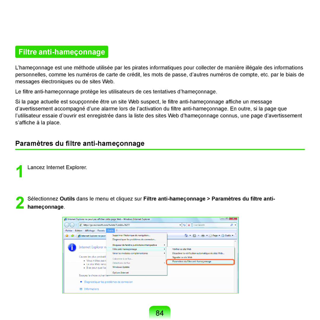 Samsung NP-R70A003/SEF, NP-R70A007/SEF, NP-R70A001/SEF manual Filtre anti-hameçonnage, Paramètres du filtre anti-hameçonnage 