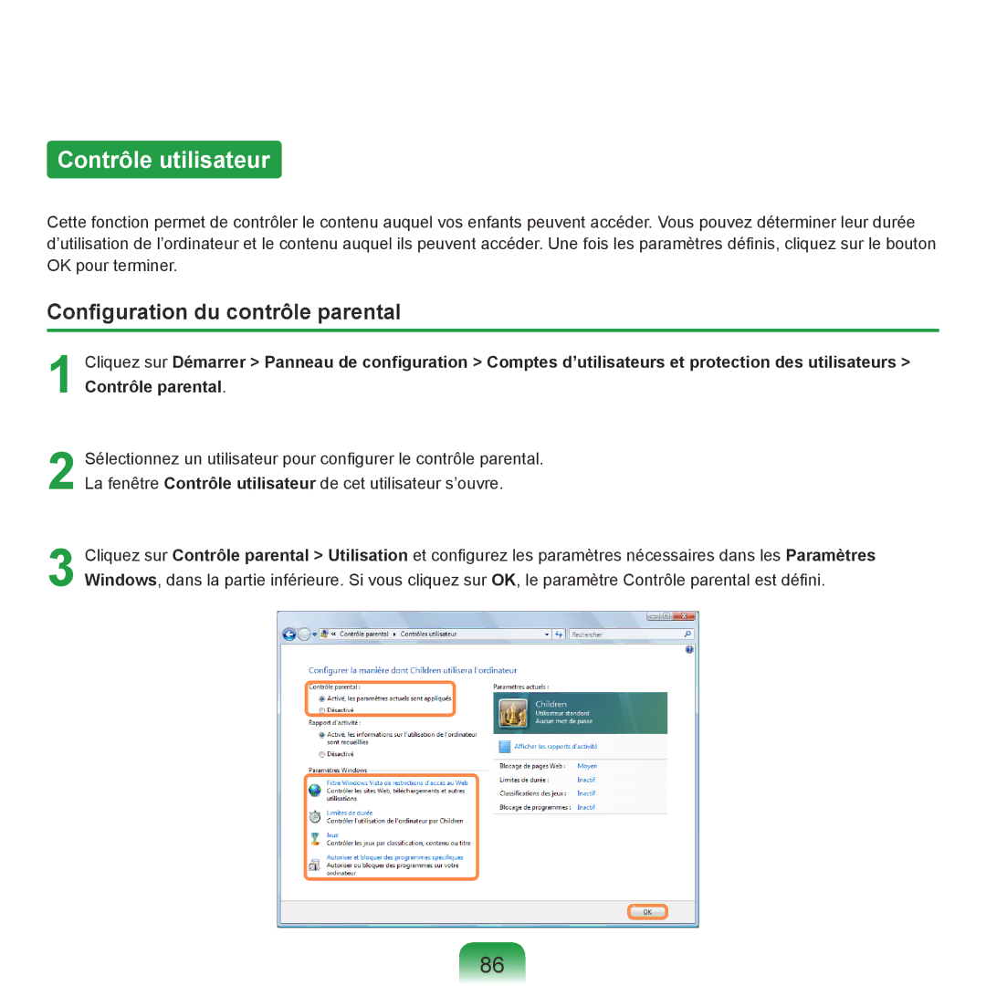 Samsung NP-R70A006/SEF, NP-R70A007/SEF, NP-R70A001/SEF manual Contrôle utilisateur, Configuration du contrôle parental 