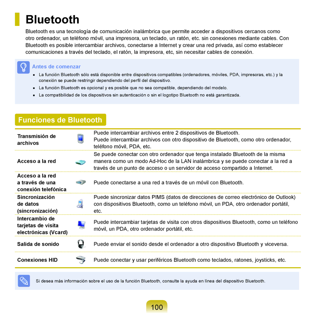 Samsung NP-R70A003/SES, NP-R70A00H/SES, NP-R70A00E/SES, NP-R70A008/SES, NP-R70A005/SES manual Funciones de Bluetooth, 100 