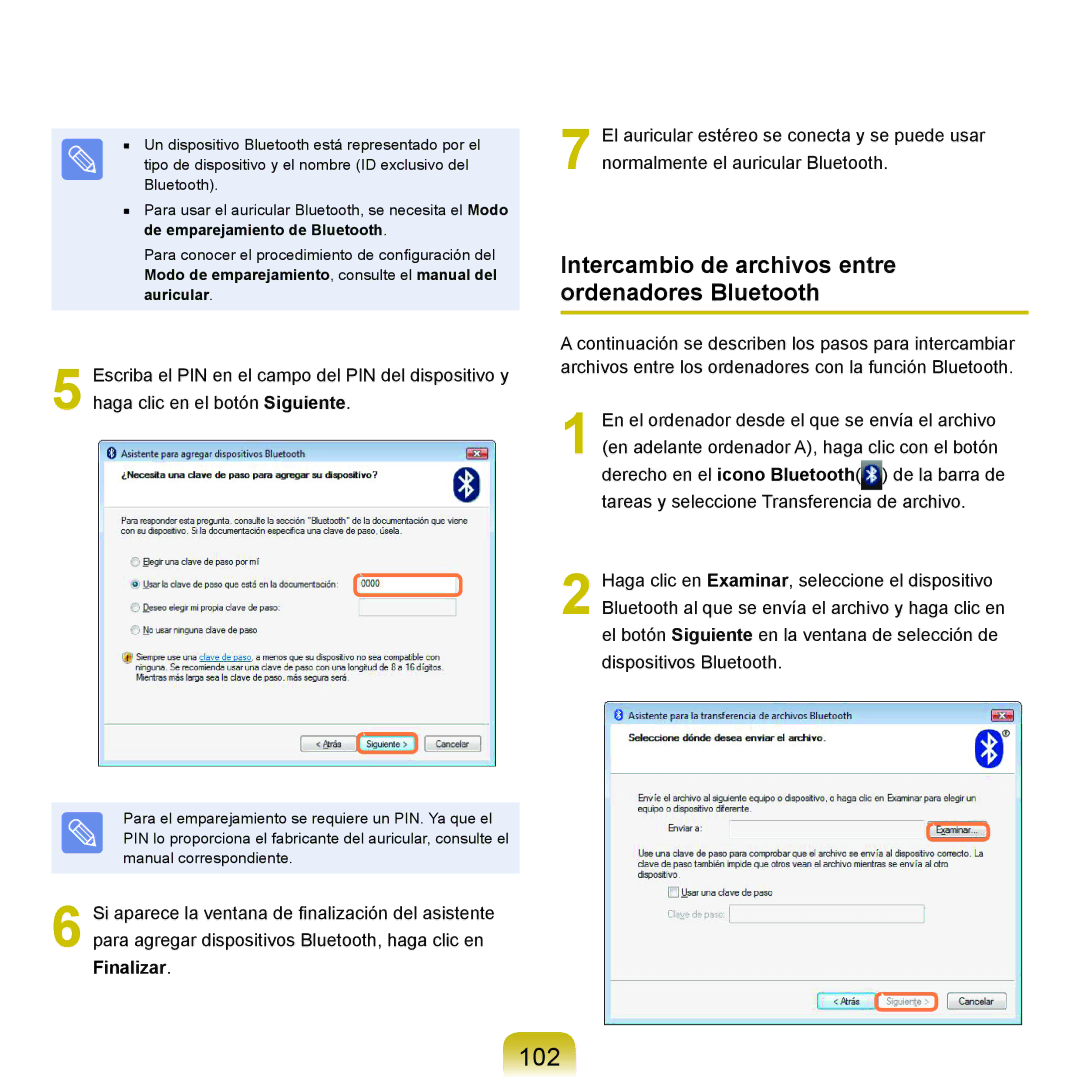 Samsung NP-R70A002/SES, NP-R70A00H/SES, NP-R70A00E/SES manual 102, Intercambio de archivos entre ordenadores Bluetooth 
