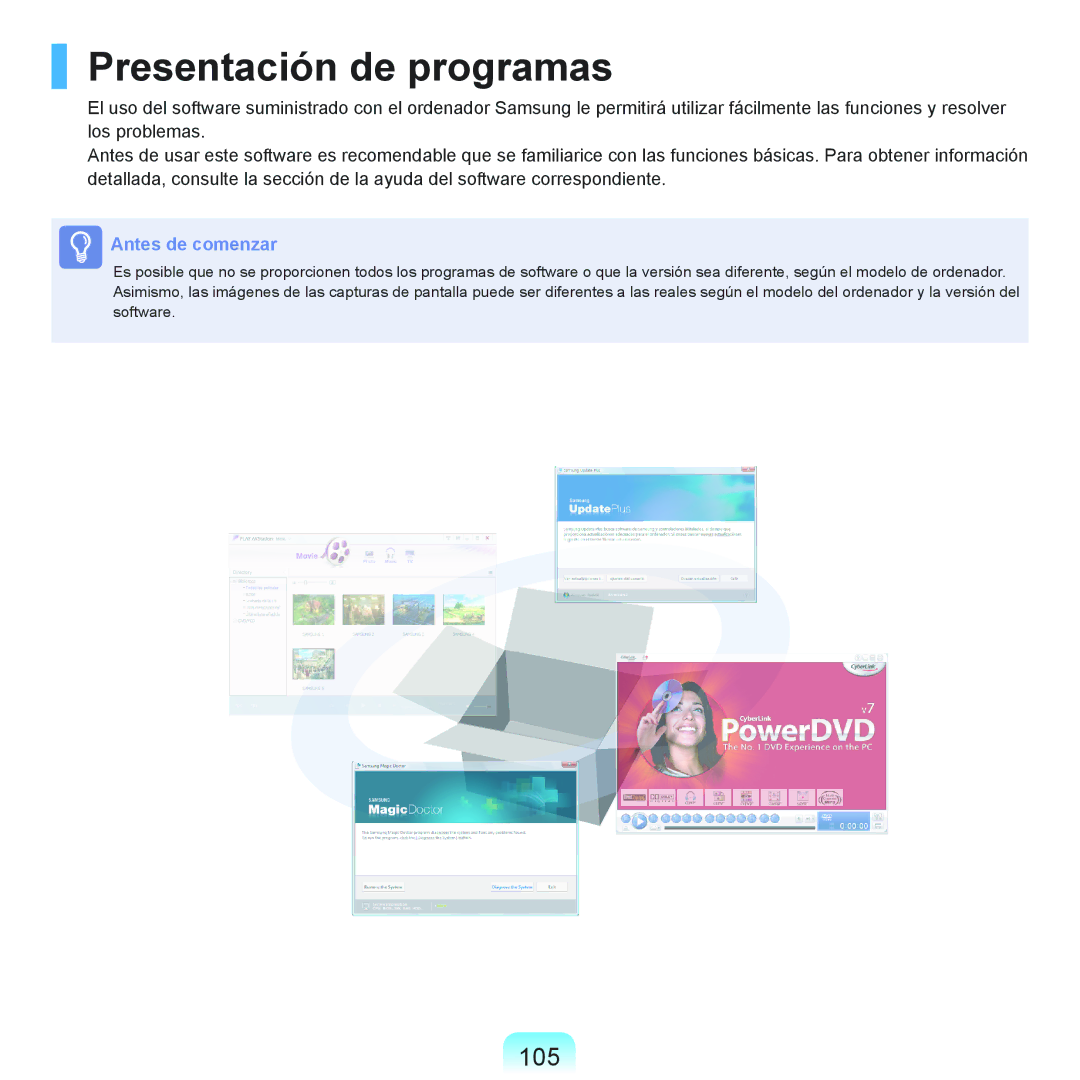 Samsung NP-R70A006/SES, NP-R70A00H/SES, NP-R70A00E/SES, NP-R70A008/SES, NP-R70A005/SES manual Presentación de programas, 105 