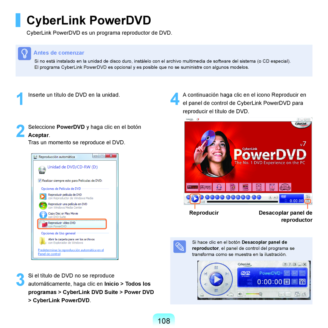 Samsung NP-R70A00E/SES, NP-R70A00H/SES, NP-R70A008/SES, NP-R70A005/SES manual CyberLink PowerDVD, 108, Reproducir, Reproductor 