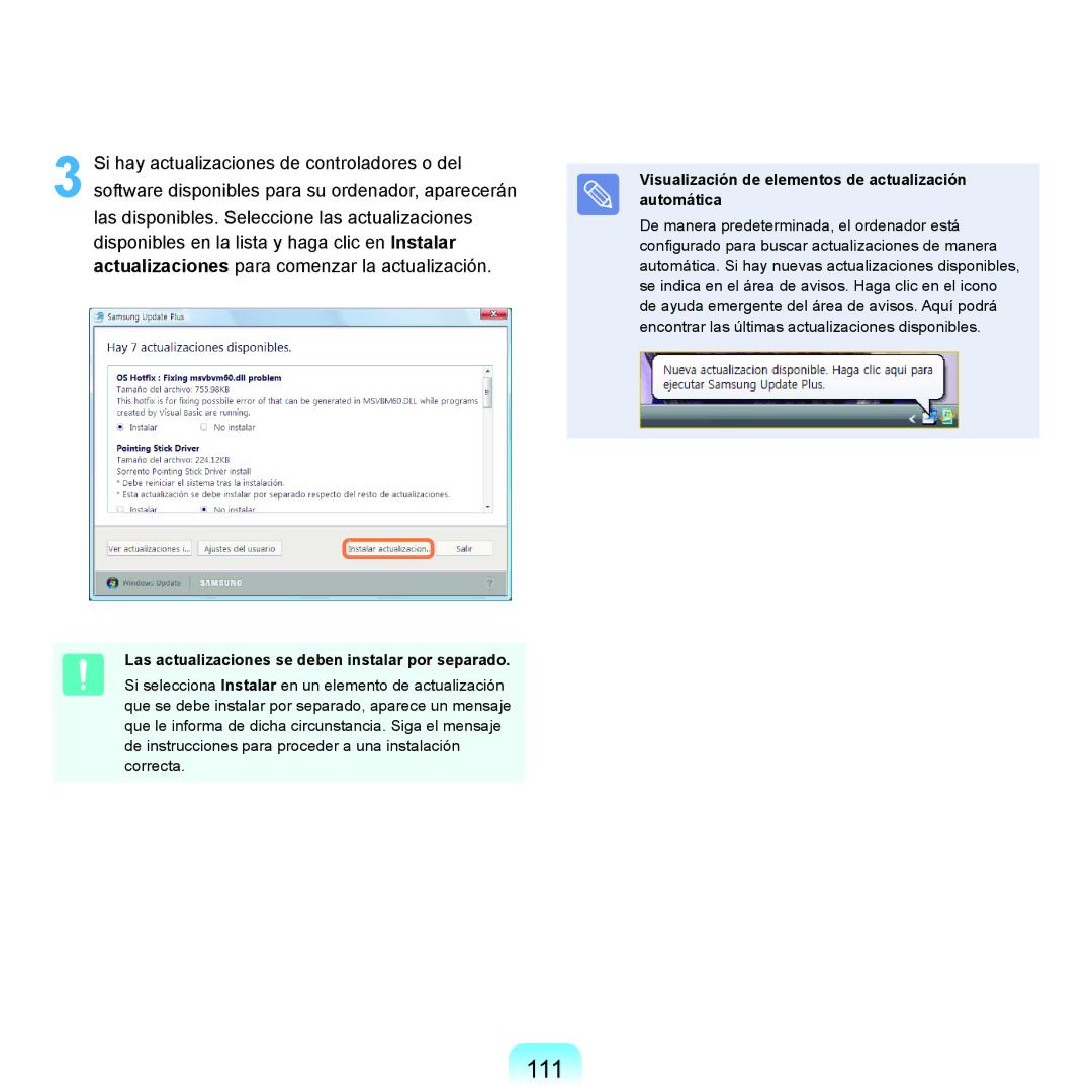 Samsung NP-R70A001/SES, NP-R70A00H/SES, NP-R70A00E/SES manual 111, Las actualizaciones se deben instalar por separado 