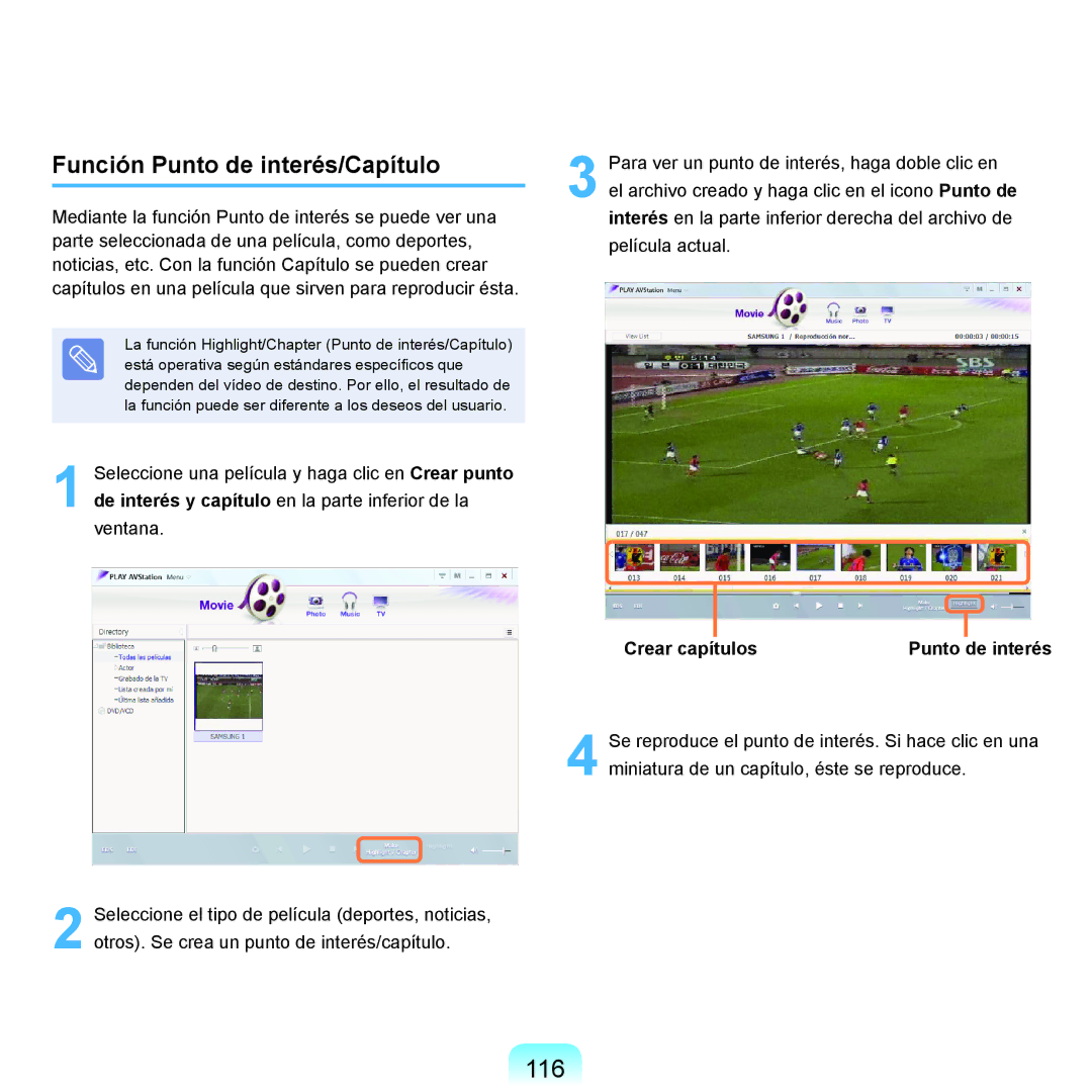 Samsung NP-R70A00C/SES, NP-R70A00H/SES manual 116, Función Punto de interés/Capítulo, Crear capítulos Punto de interés 