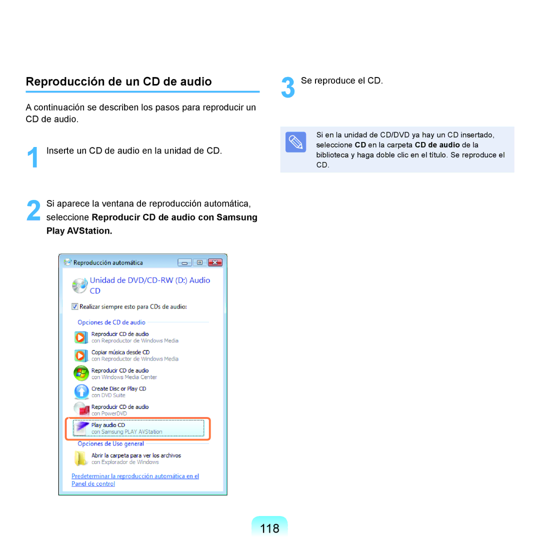 Samsung NP-R70A003/SES, NP-R70A00H/SES, NP-R70A00E/SES, NP-R70A008/SES 118, Reproducción de un CD de audio, Play AVStation 