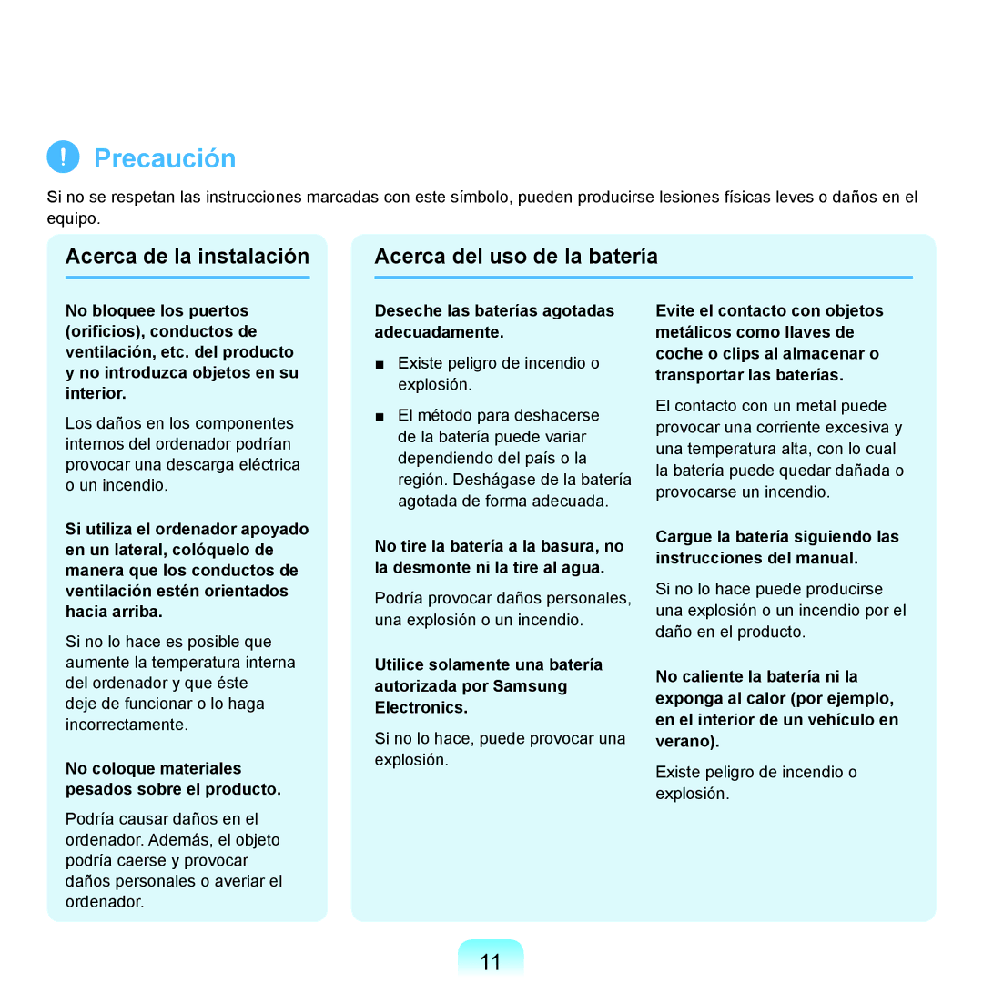 Samsung NP-R70A00G/SES Acerca de la instalación Acerca del uso de la batería, Deseche las baterías agotadas adecuadamente 