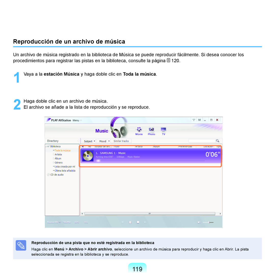Samsung NP-R70A00G/SES, NP-R70A00H/SES, NP-R70A00E/SES, NP-R70A008/SES manual 119, Reproducción de un archivo de música 