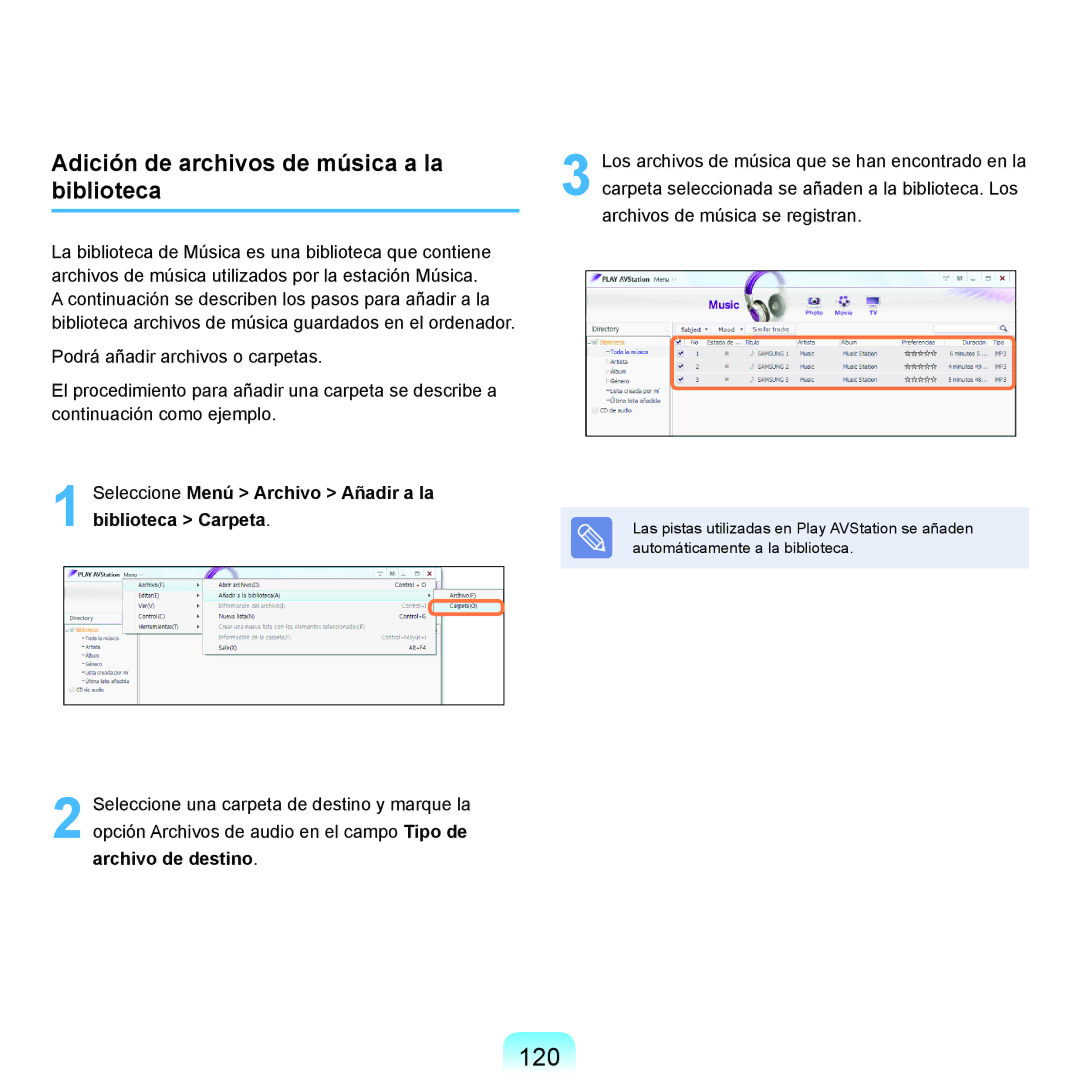 Samsung NP-R70A002/SES, NP-R70A00H/SES, NP-R70A00E/SES, NP-R70A008/SES 120, Adición de archivos de música a la biblioteca 