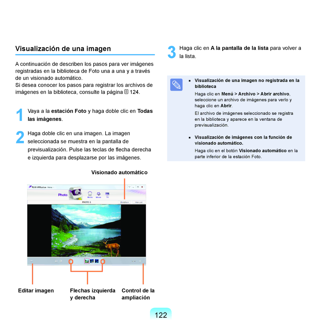 Samsung NP-R70A009/SES manual 122, Visualización de una imagen, Visionado automático Editar imagen Flechas izquierda 