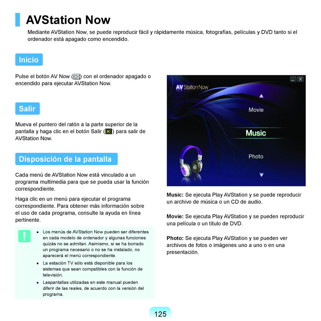 Samsung NP-R70A00H/SES, NP-R70A00E/SES, NP-R70A008/SES manual AVStation Now, Inicio, Salir, Disposición de la pantalla, 125 