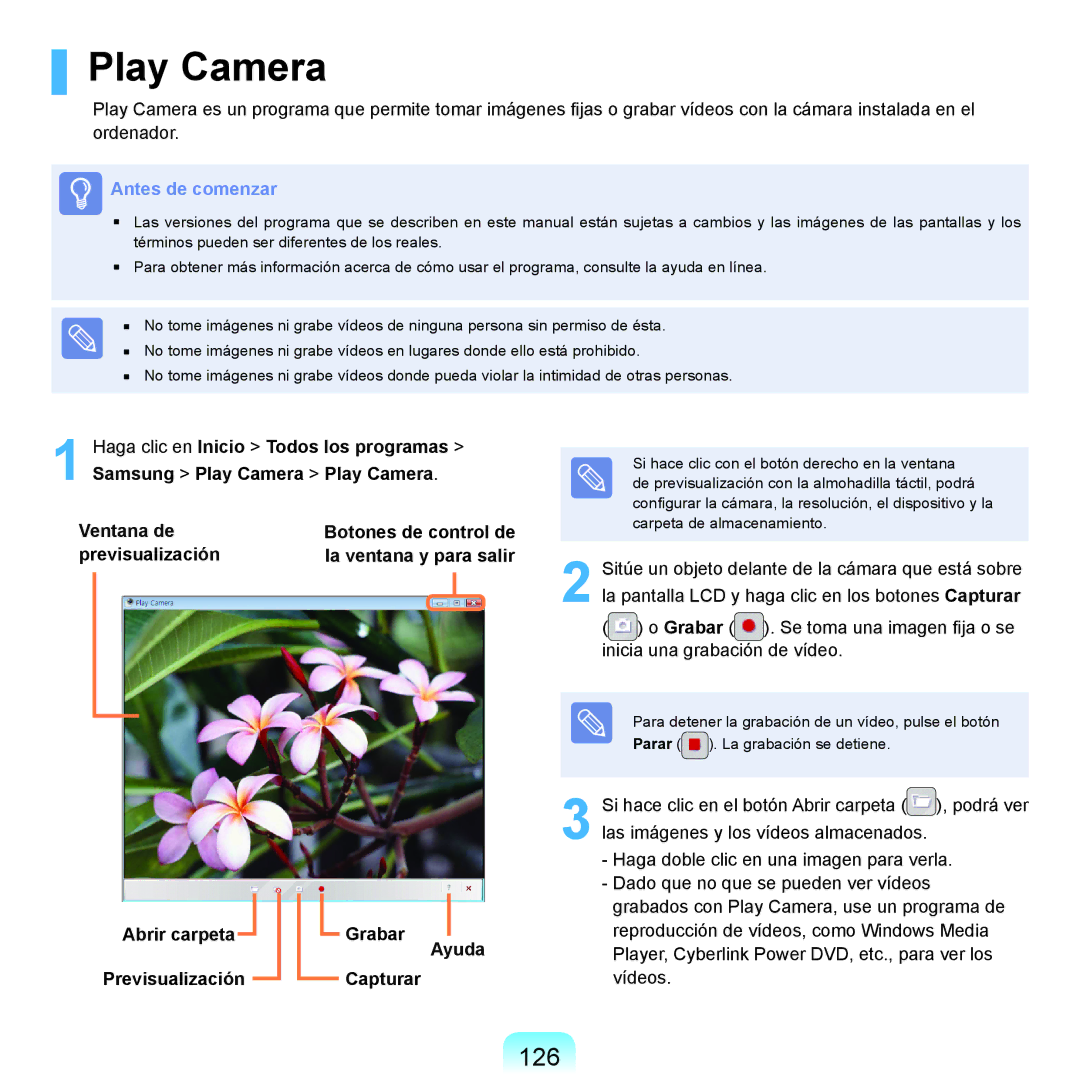 Samsung NP-R70A00E/SES, NP-R70A00H/SES manual Play Camera, 126, Abrir carpeta Grabar Ayuda Previsualización Capturar 