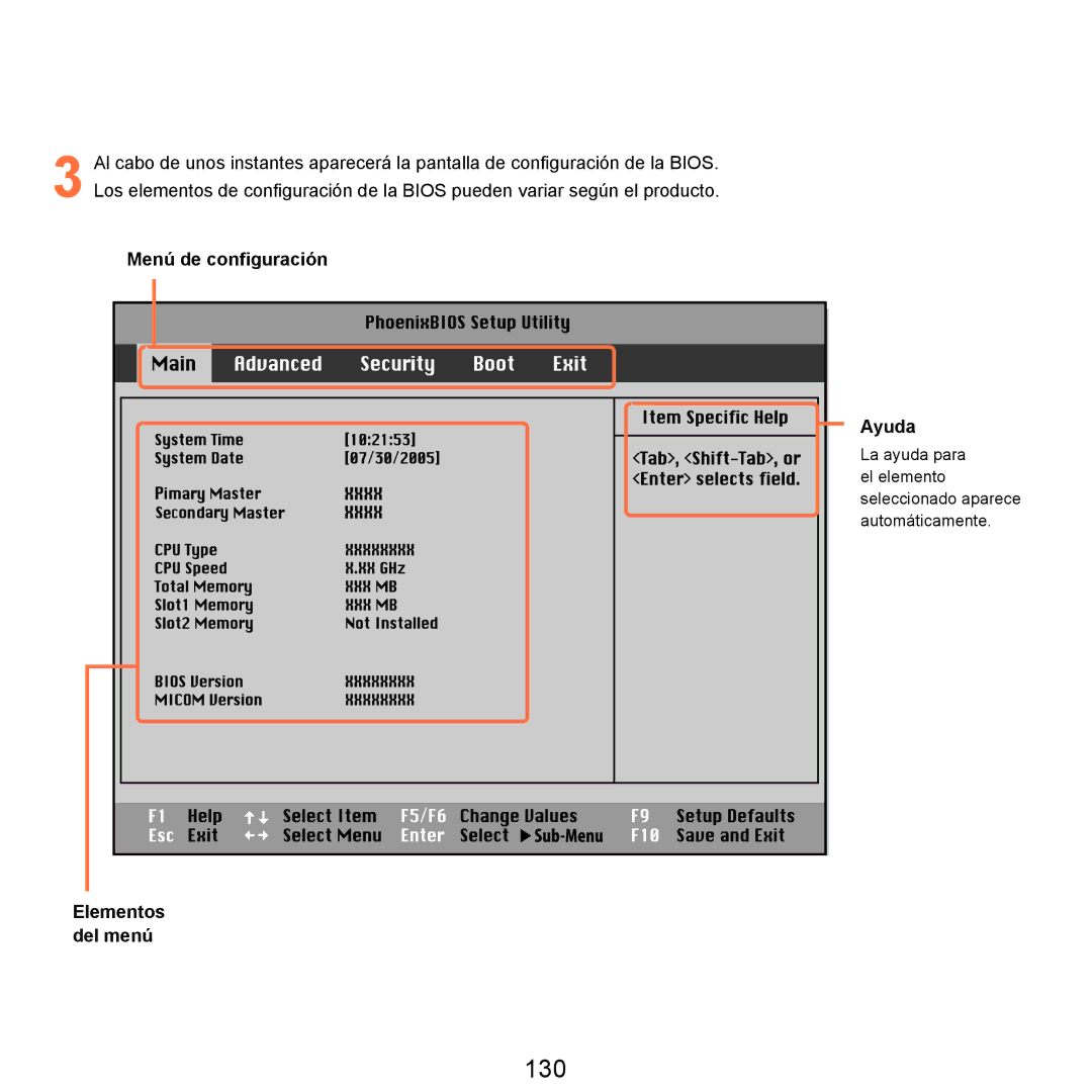 Samsung NP-R70A000/SES, NP-R70A00H/SES manual 130, Menú de configuración, Elementos, Del menú, Seleccionado aparece 