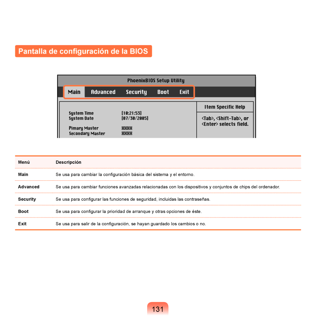 Samsung NP-R70A00B/SES, NP-R70A00H/SES, NP-R70A00E/SES, NP-R70A008/SES manual Pantalla de configuración de la Bios, 131 