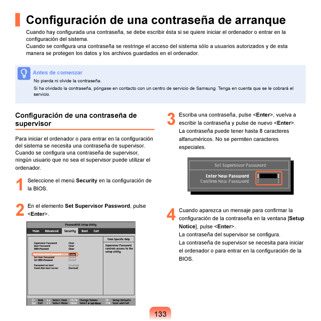 Samsung NP-R70A00F/SES Configuración de una contraseña de arranque, 133, Configuración de una contraseña de supervisor 