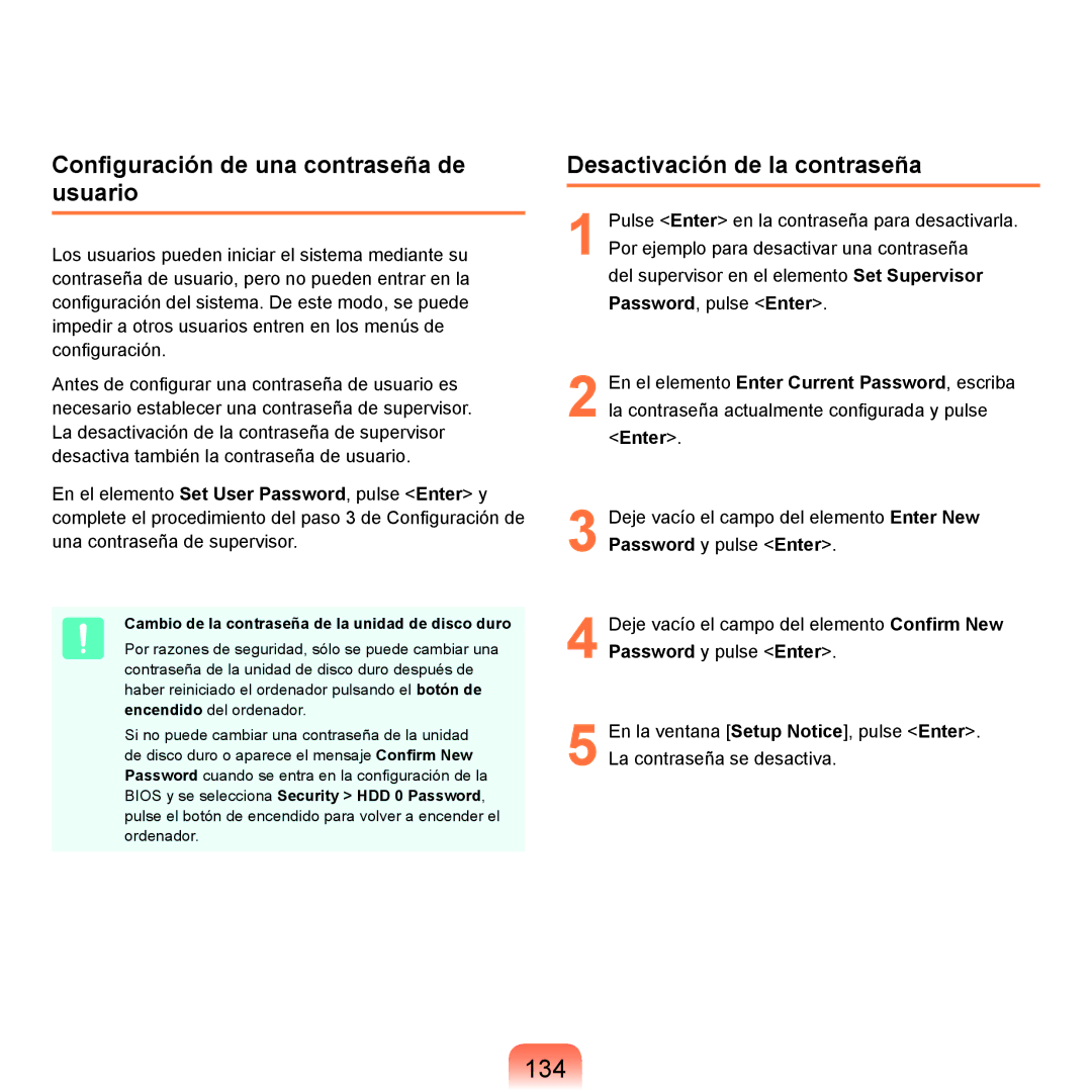 Samsung NP-R70A00C/SES, NP-R70A00H/SES 134, Configuración de una contraseña de usuario, Desactivación de la contraseña 