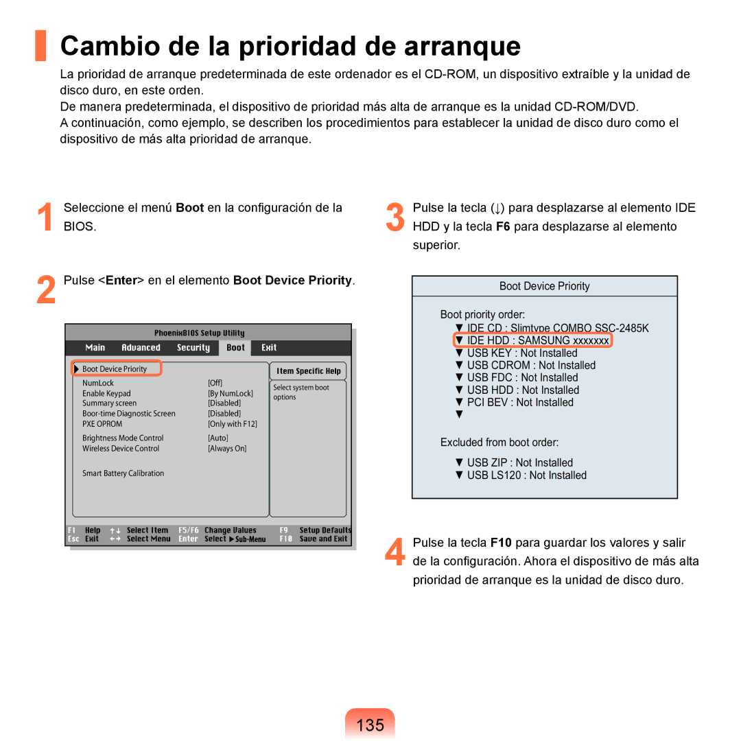 Samsung NP-R70A007/SES, NP-R70A00H/SES, NP-R70A00E/SES, NP-R70A008/SES manual Cambio de la prioridad de arranque, 135 