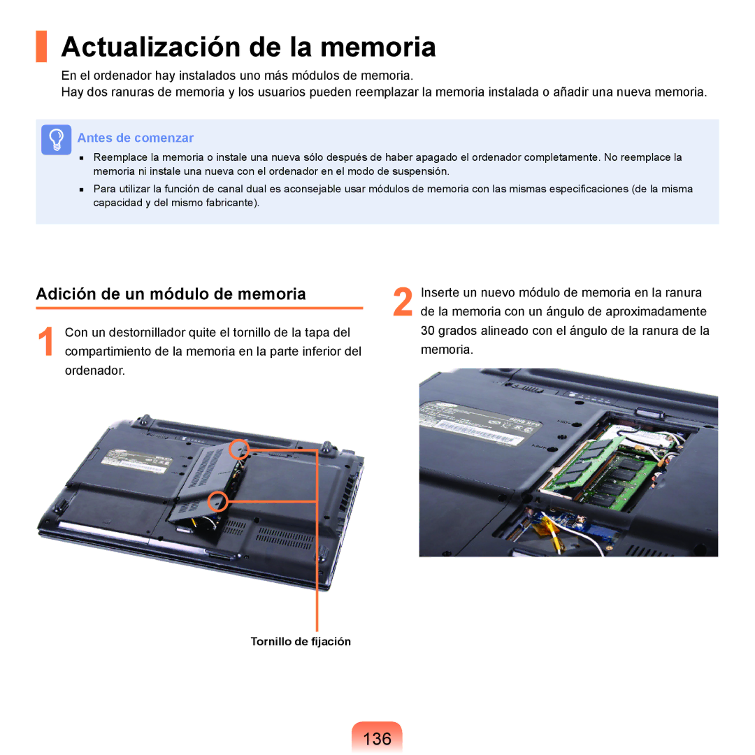 Samsung NP-R70A003/SES, NP-R70A00H/SES, NP-R70A00E/SES Actualización de la memoria, 136, Adición de un módulo de memoria 