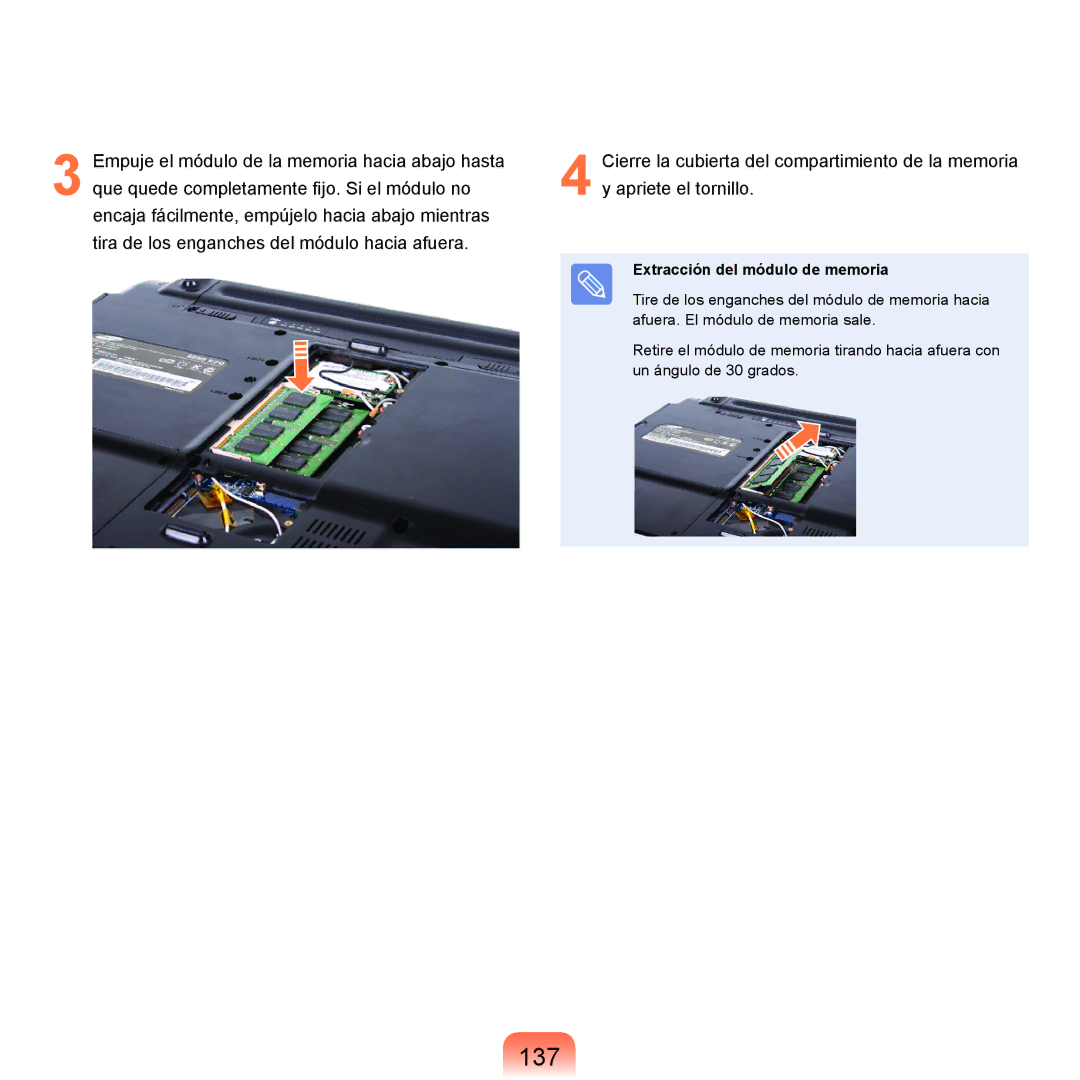 Samsung NP-R70A00G/SES, NP-R70A00H/SES, NP-R70A00E/SES, NP-R70A008/SES, NP-R70A005/SES 137, Extracción del módulo de memoria 