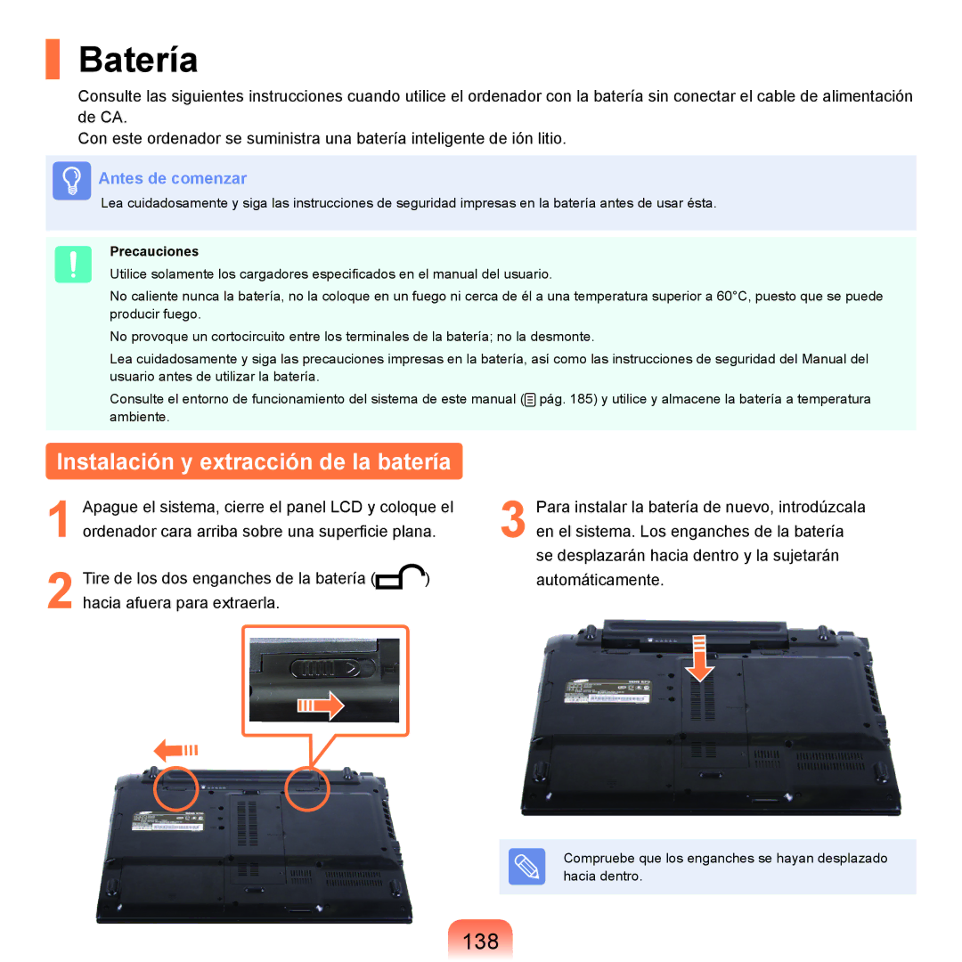 Samsung NP-R70A002/SES, NP-R70A00H/SES, NP-R70A00E/SES Batería, Instalación y extracción de la batería, 138, Precauciones 