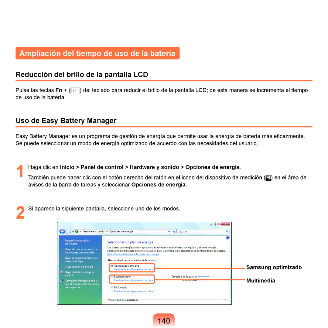 Samsung NP-R70A009/SES manual Ampliación del tiempo de uso de la batería, 140, Reducción del brillo de la pantalla LCD 