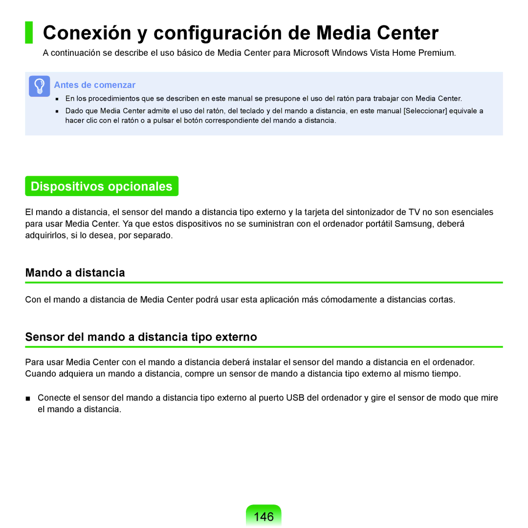 Samsung NP-R70A005/SES manual Conexión y configuración de Media Center, Dispositivos opcionales, 146, Mando a distancia 