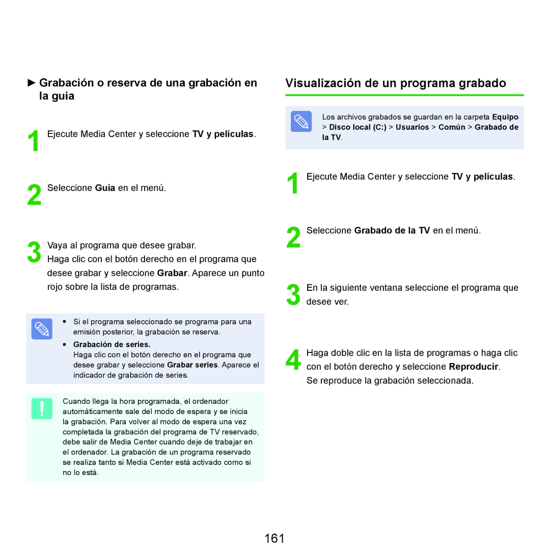 Samsung NP-R70A00H/SES, NP-R70A00E/SES, NP-R70A008/SES manual 161, Visualización de un programa grabado, Grabación de series 