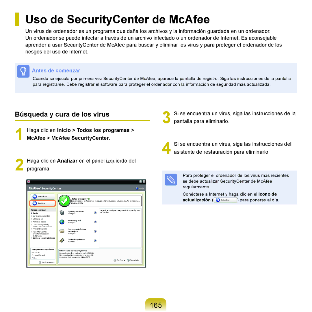 Samsung NP-R70A001/SES, NP-R70A00H/SES Uso de SecurityCenter de McAfee, 165, Búsqueda y cura de los virus, Actualización 