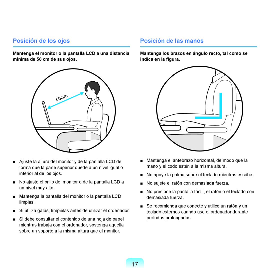 Samsung NP-R70A00H/SES, NP-R70A00E/SES, NP-R70A008/SES, NP-R70A005/SES manual Posición de los ojos, Posición de las manos 