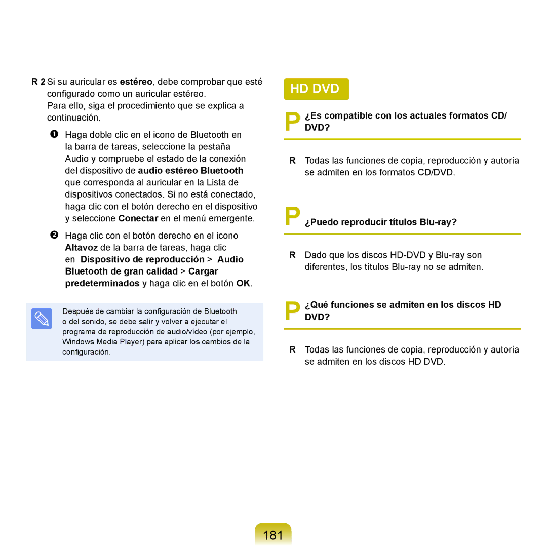 Samsung NP-R70A008/SES manual 181, ¿Es compatible con los actuales formatos CD/ DVD?, ¿Puedo reproducir títulos Blu-ray? 