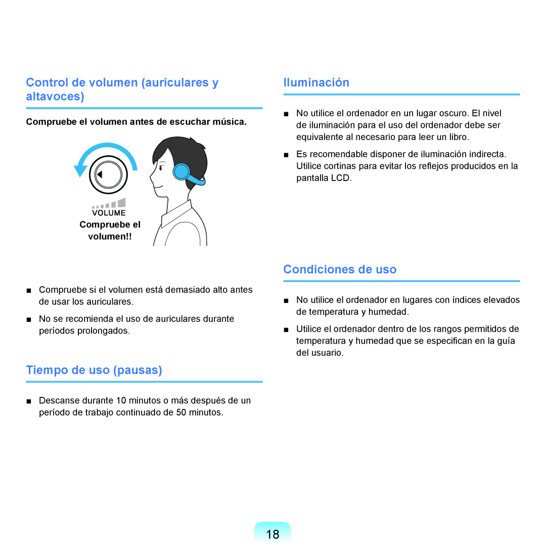 Samsung NP-R70A00E/SES Control de volumen auriculares y altavoces, Iluminación, Tiempo de uso pausas, Condiciones de uso 