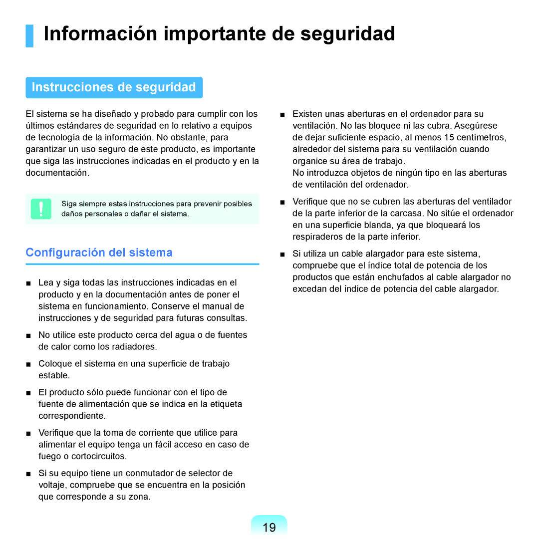 Samsung NP-R70A008/SES manual Información importante de seguridad, Instrucciones de seguridad, Configuración del sistema 