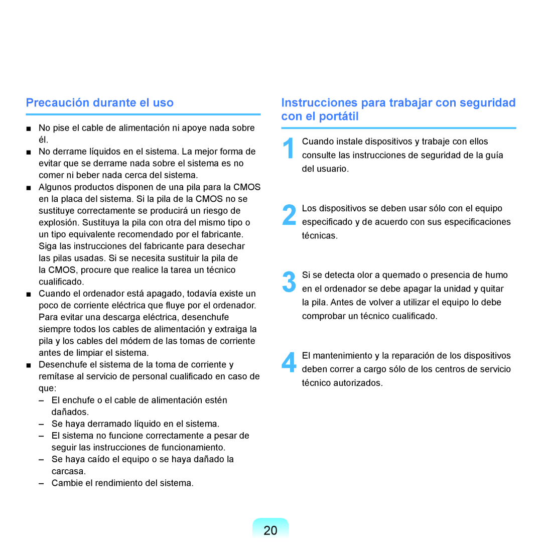 Samsung NP-R70A005/SES manual Precaución durante el uso, Instrucciones para trabajar con seguridad con el portátil 