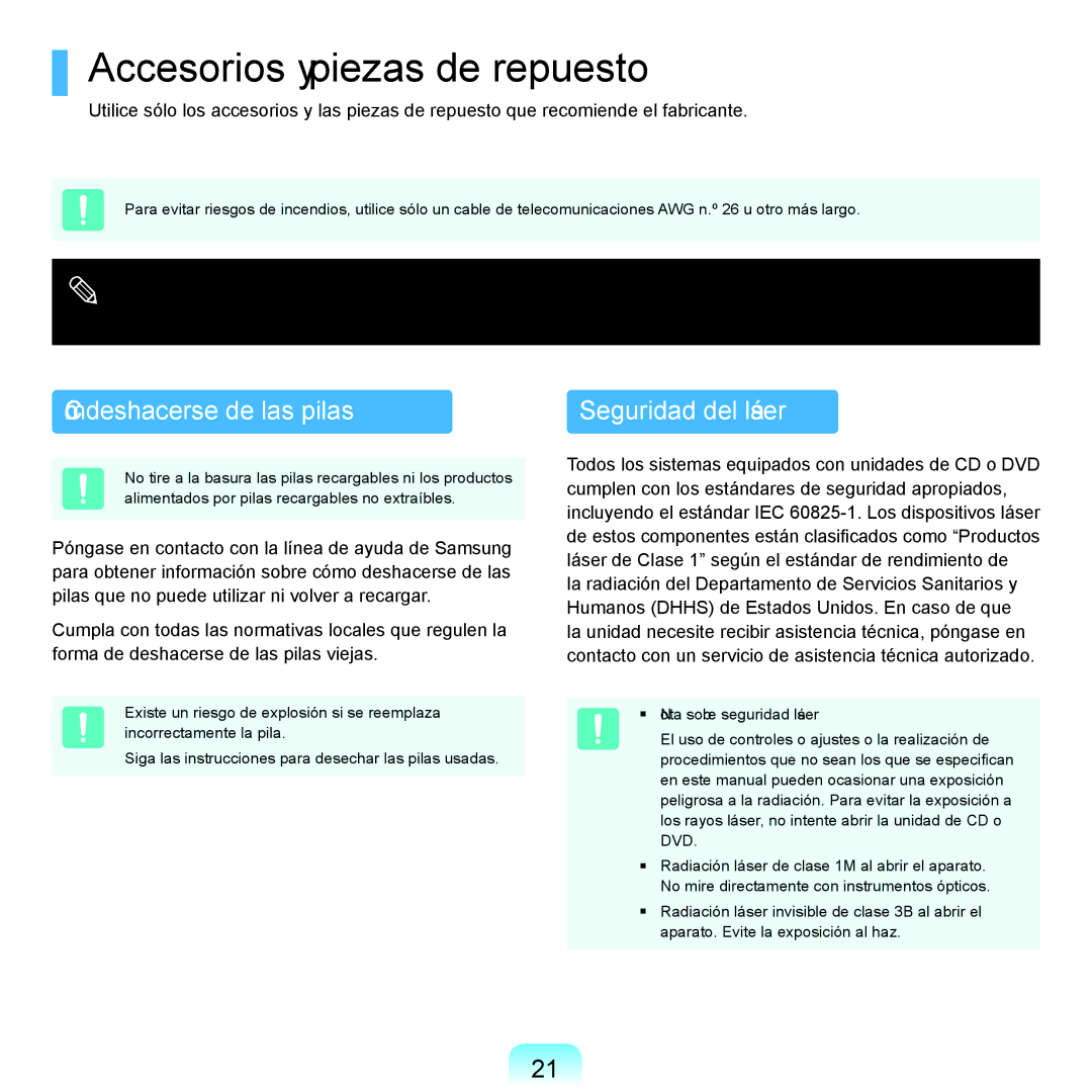 Samsung NP-R70A001/SES manual Accesorios y piezas de repuesto, Cómo deshacerse de las pilas, Nota sobre seguridad láser 