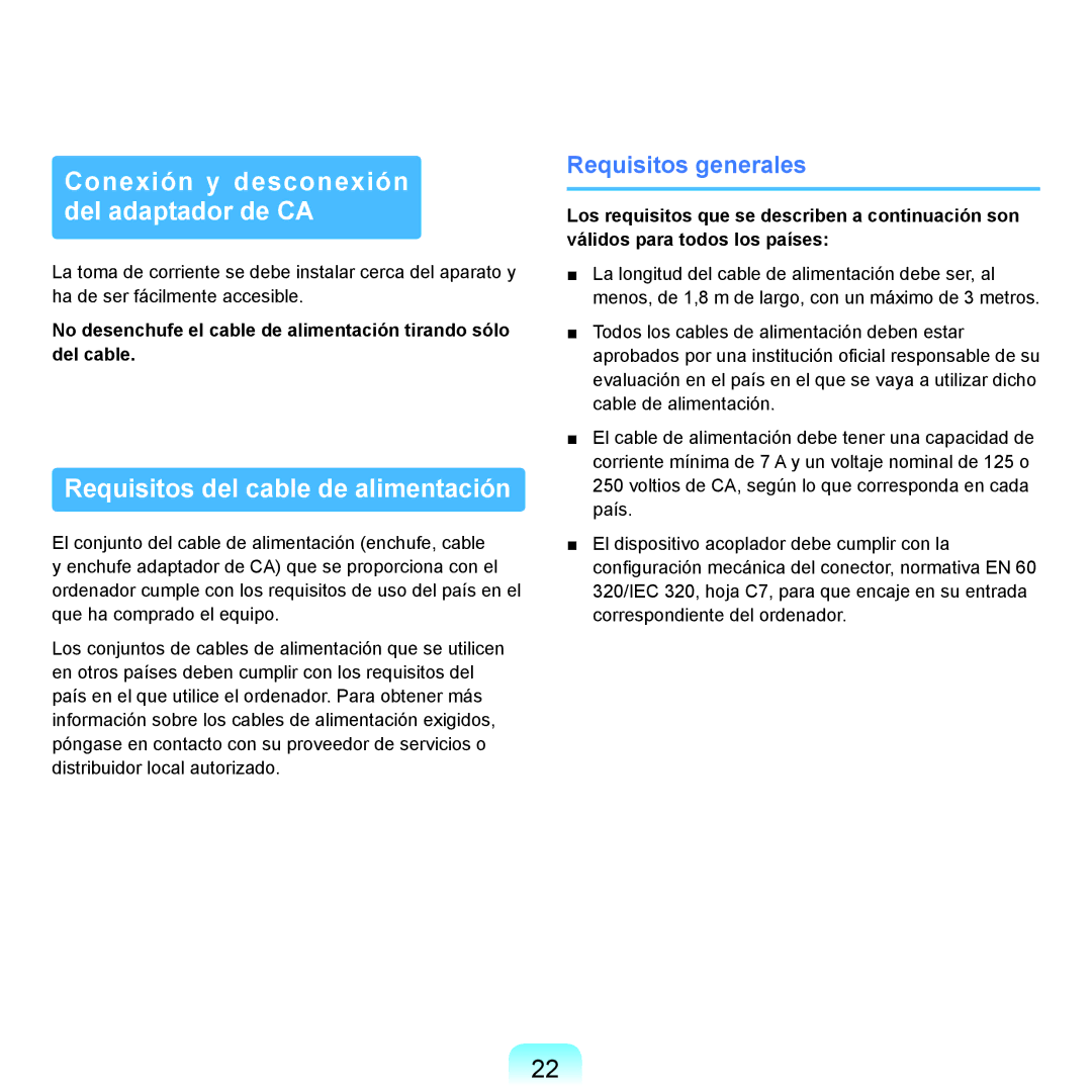 Samsung NP-R70A000/SES, NP-R70A00H/SES Conexión y desconexión del adaptador de CA, Requisitos del cable de alimentación 