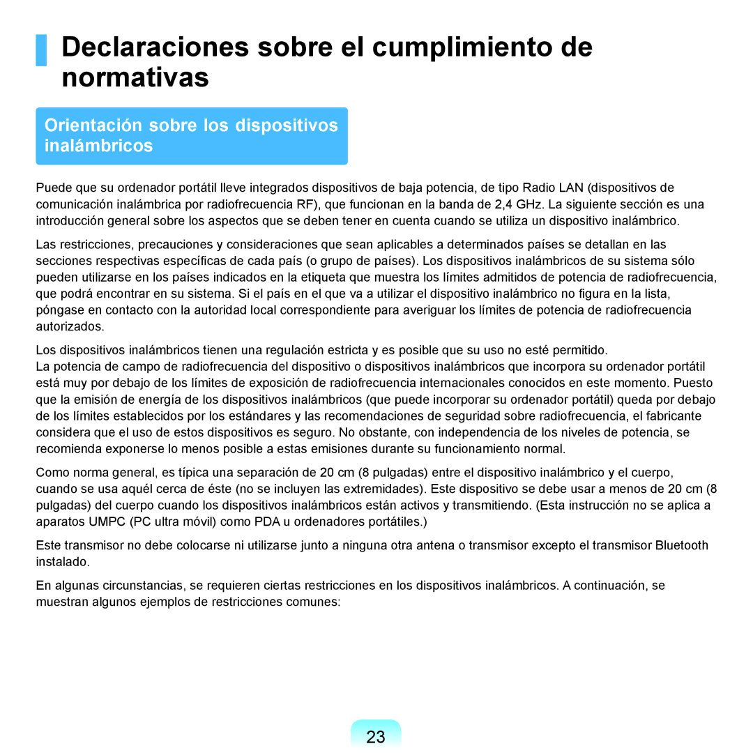 Samsung NP-R70A00B/SES Declaraciones sobre el cumplimiento de normativas, Orientación sobre los dispositivos inalámbricos 