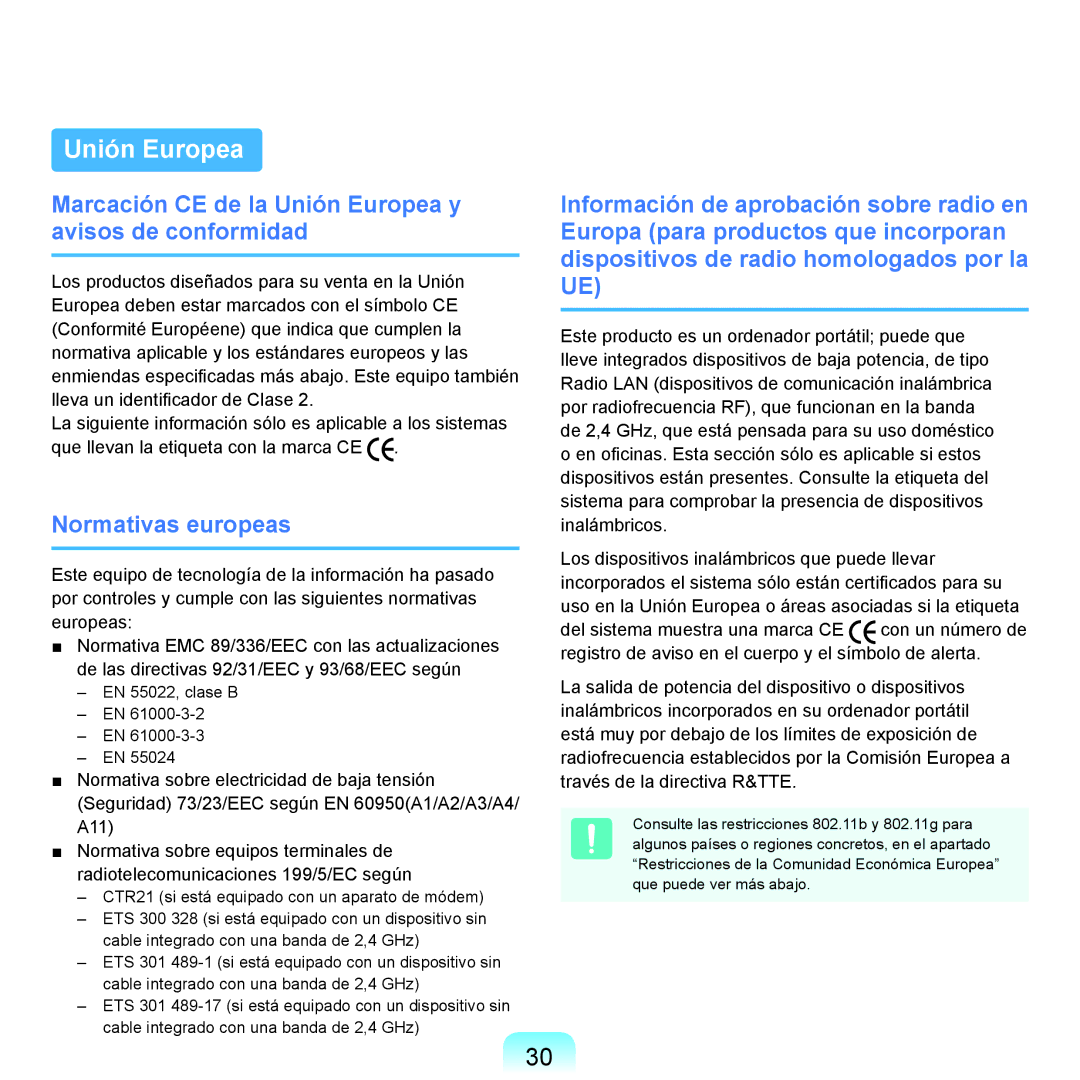 Samsung NP-R70A002/SES, NP-R70A00H/SES Marcación CE de la Unión Europea y avisos de conformidad, Normativas europeas 