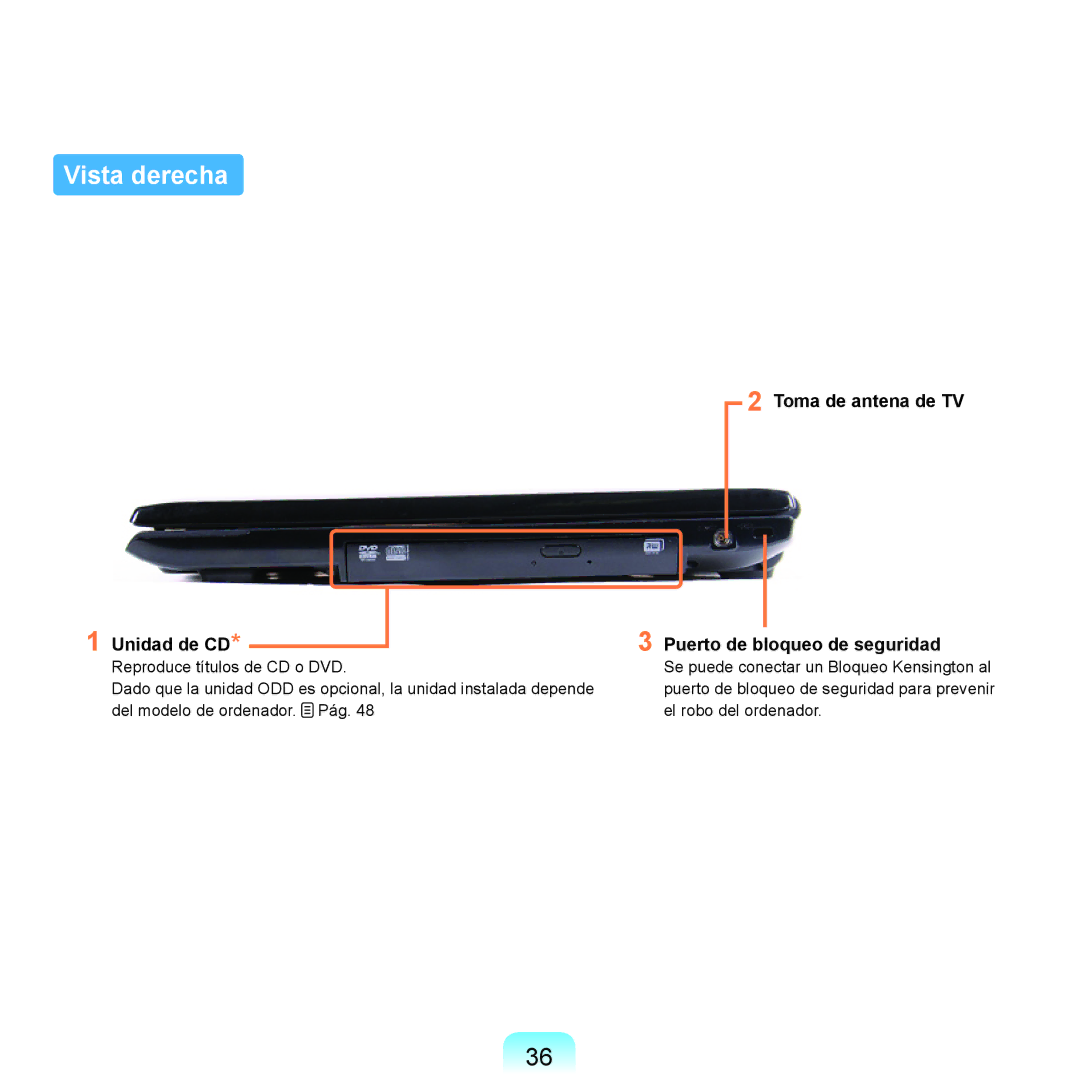 Samsung NP-R70A00E/SES, NP-R70A00H/SES Vista derecha, Toma de antena de TV Unidad de CD, Puerto de bloqueo de seguridad 