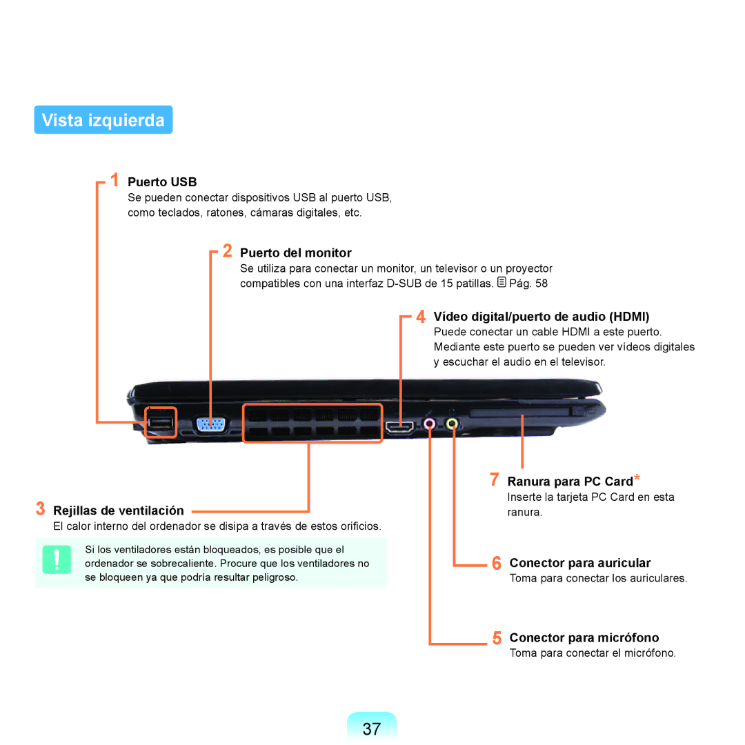 Samsung NP-R70A008/SES, NP-R70A00H/SES, NP-R70A00E/SES, NP-R70A005/SES, NP-R70A001/SES, NP-R70A000/SES manual Vista izquierda 