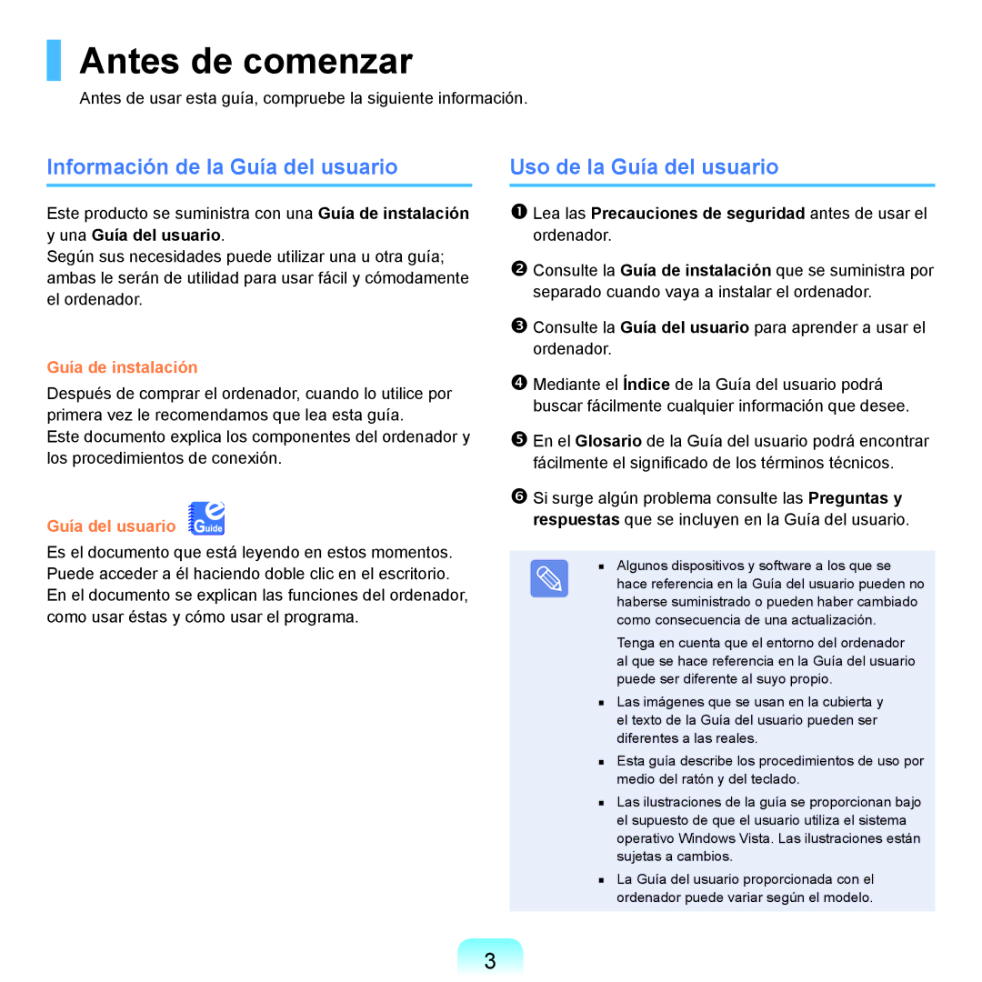 Samsung NP-R70A001/SES, NP-R70A00H/SES Antes de comenzar, Información de la Guía del usuario, Uso de la Guía del usuario 