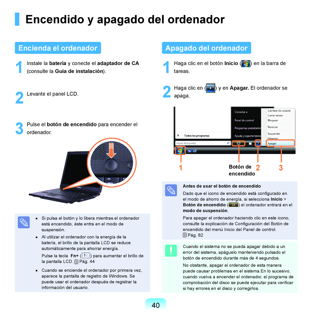 Samsung NP-R70A000/SES, NP-R70A00H/SES Encendido y apagado del ordenador, Encienda el ordenador, Apagado del ordenador 