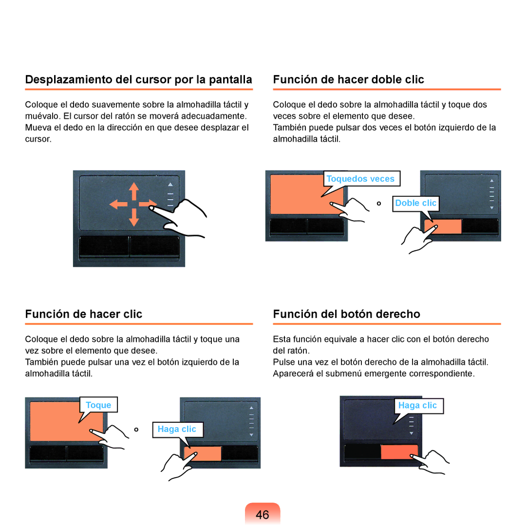 Samsung NP-R70A003/SES manual Desplazamiento del cursor por la pantalla, Función de hacer doble clic, Función de hacer clic 