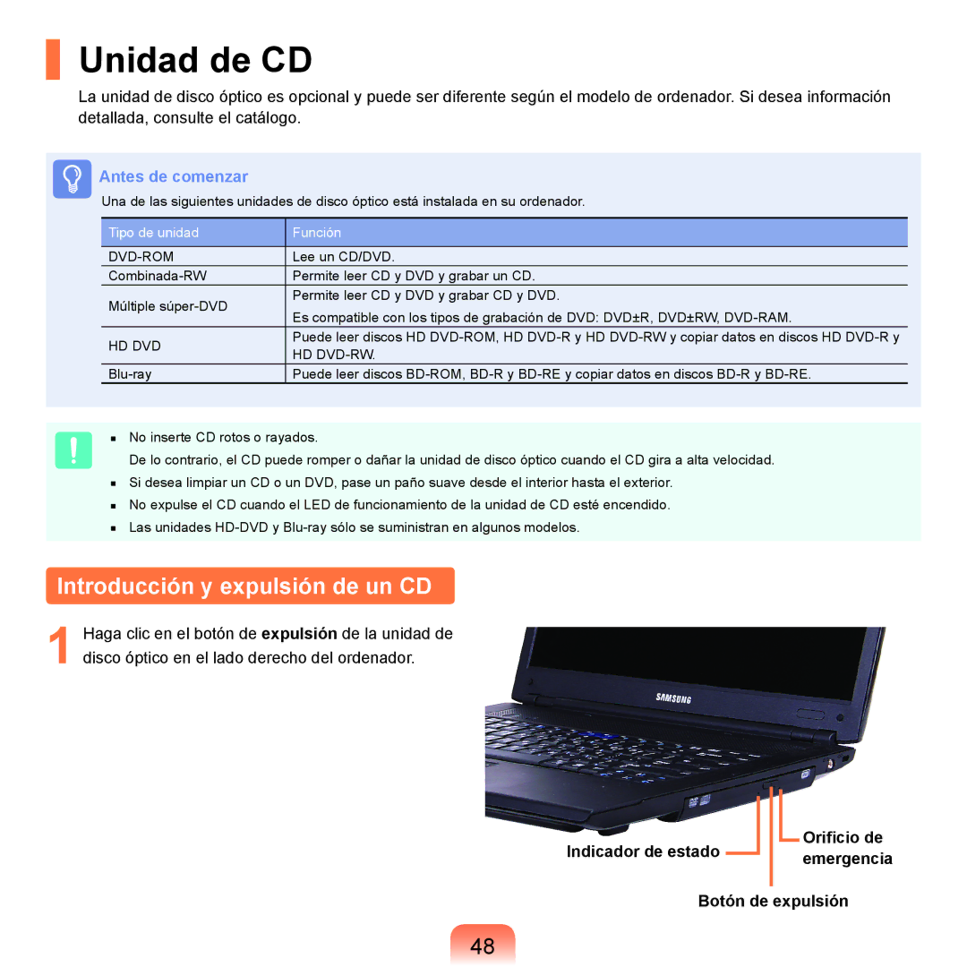 Samsung NP-R70A002/SES, NP-R70A00H/SES, NP-R70A00E/SES, NP-R70A008/SES manual Unidad de CD, Introducción y expulsión de un CD 