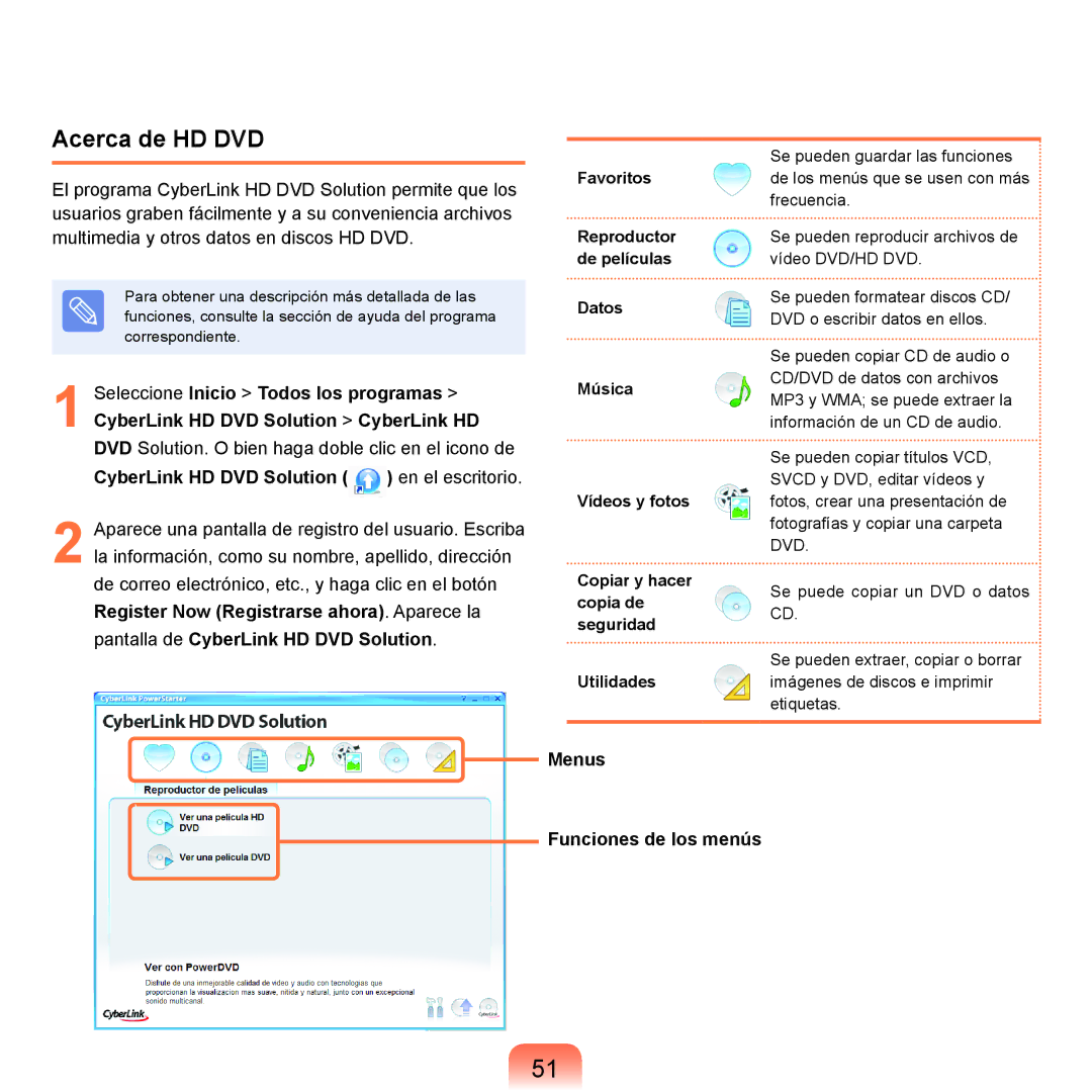 Samsung NP-R70A006/SES, NP-R70A00H/SES, NP-R70A00E/SES, NP-R70A008/SES manual Acerca de HD DVD, Menus Funciones de los menús 