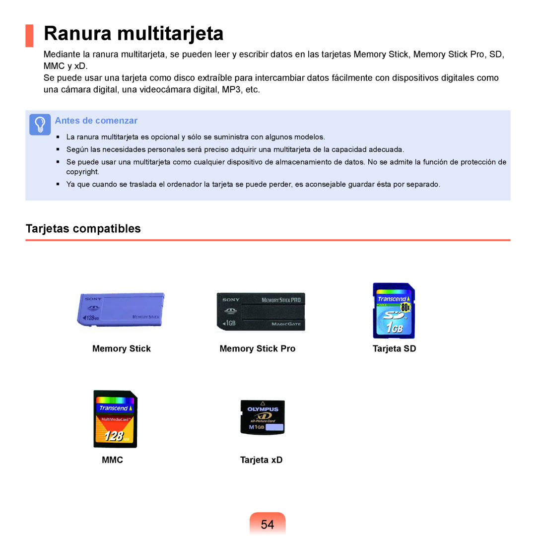 Samsung NP-R70A00E/SES, NP-R70A00H/SES manual Ranura multitarjeta, Tarjetas compatibles, Memory Stick Memory Stick Pro 