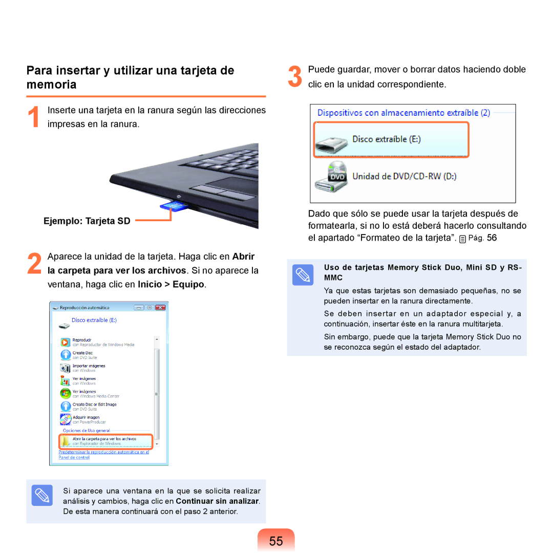 Samsung NP-R70A008/SES, NP-R70A00H/SES, NP-R70A00E/SES Para insertar y utilizar una tarjeta de memoria, Ejemplo Tarjeta SD 