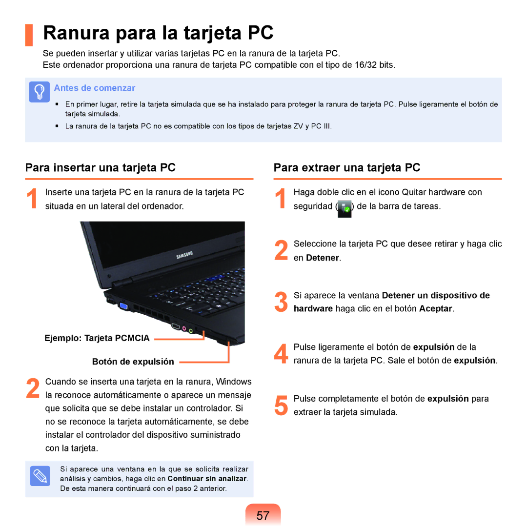 Samsung NP-R70A001/SES manual Ranura para la tarjeta PC, Para insertar una tarjeta PC, Para extraer una tarjeta PC 