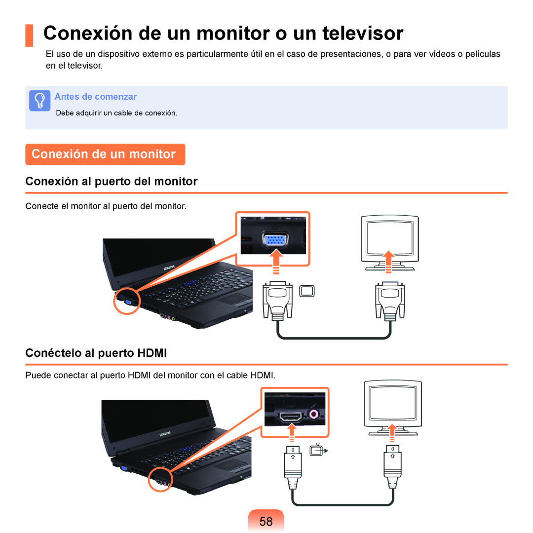 Samsung NP-R70A000/SES Conexión de un monitor o un televisor, Conexión al puerto del monitor, Conéctelo al puerto Hdmi 